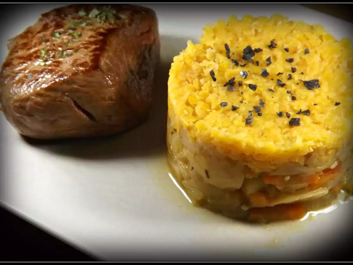 Fenouil, carotte, crumble de lentilles corail & pavé de rumsteck