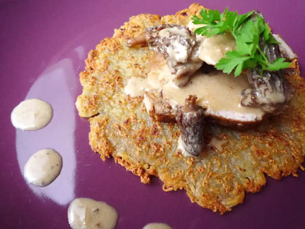 Filet mignon de porc au morilles et pommes Darphin