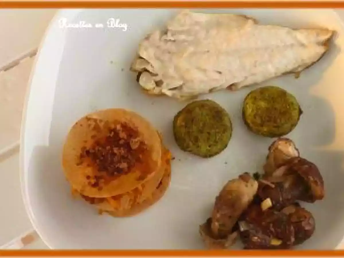 FILETS DE BAR MOUSSELINES DE COURGETTES POÊLÉE DE CÈPES ET PASTILLAS DE CAROTTES AU CUMIN