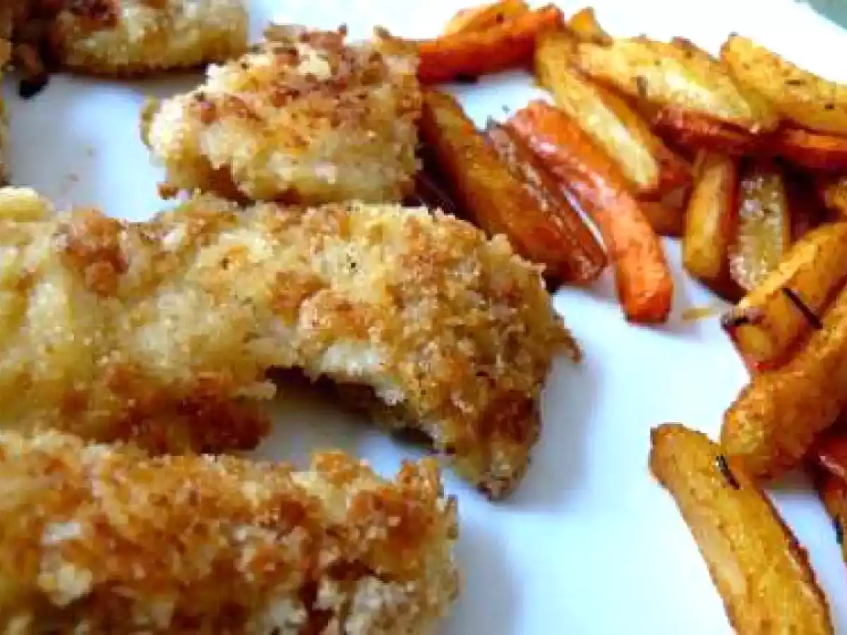 Fish-stick accompagné de frites de carotte et pommes de terre