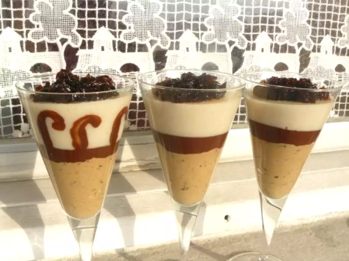 Flan aux haricots blancs, crème de pruneaux, gelées café et chocolat