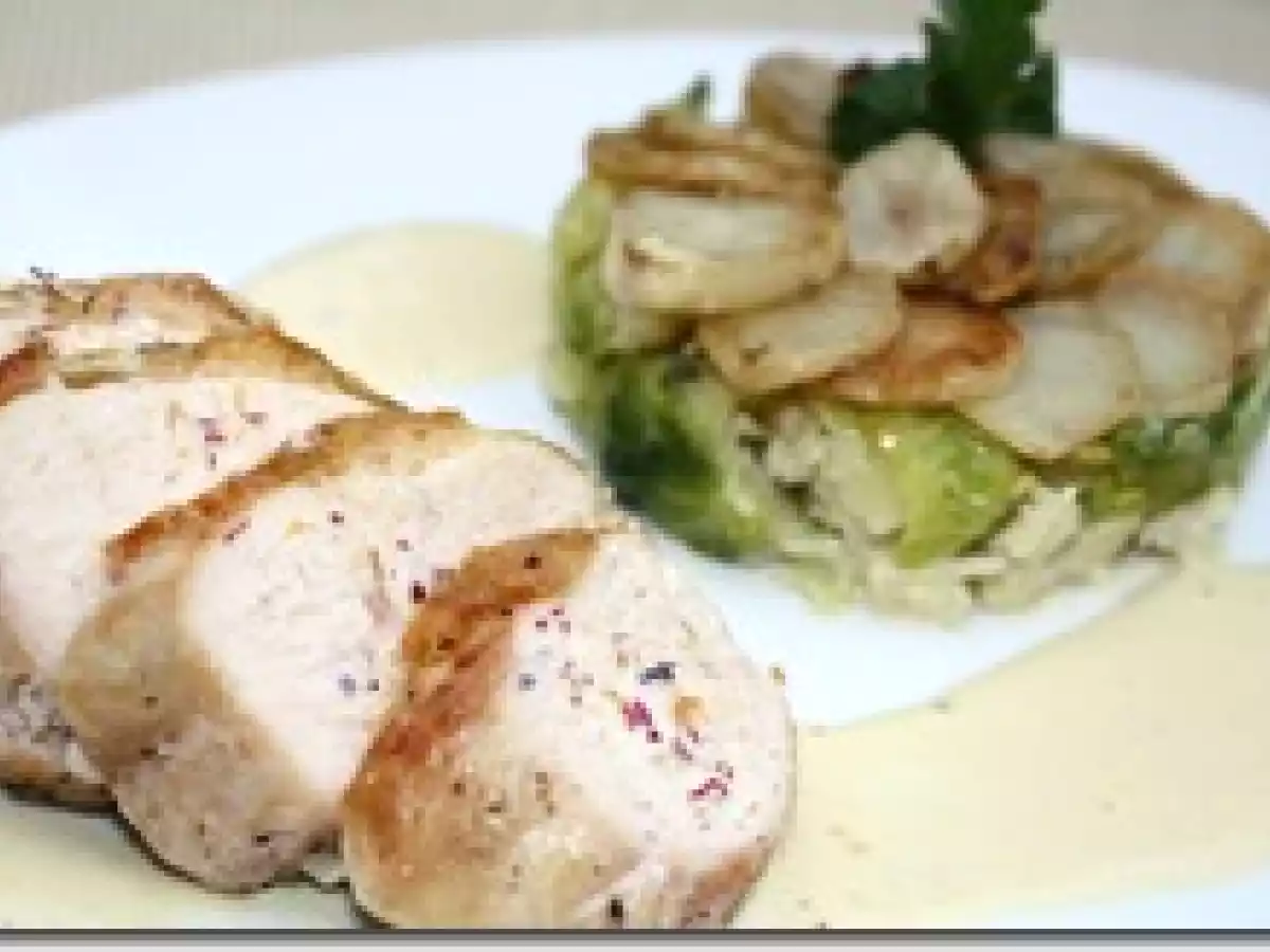 Fricassée de Pintade Sauce Foie Gras et Gâteau de Chou aux Topinambours