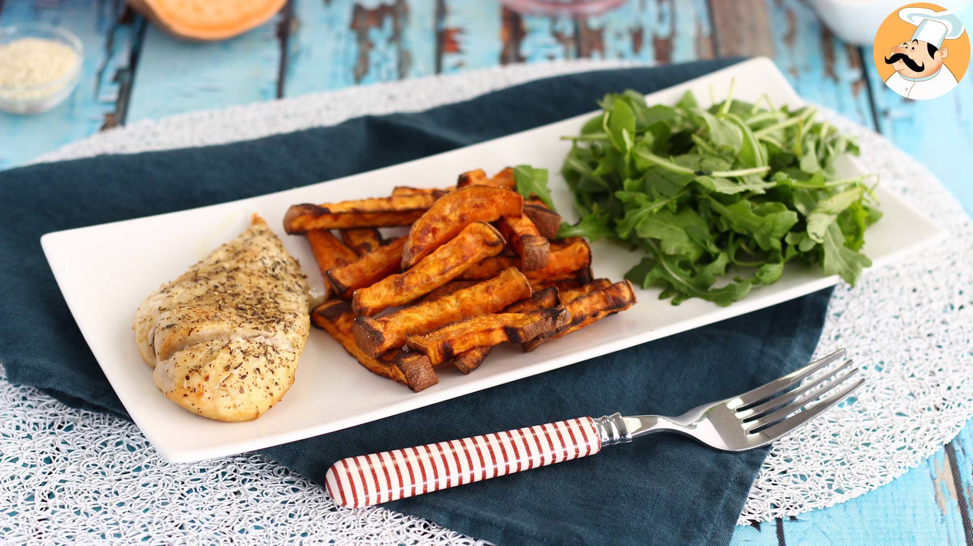 Frites de patates douces au four (et son poulet)