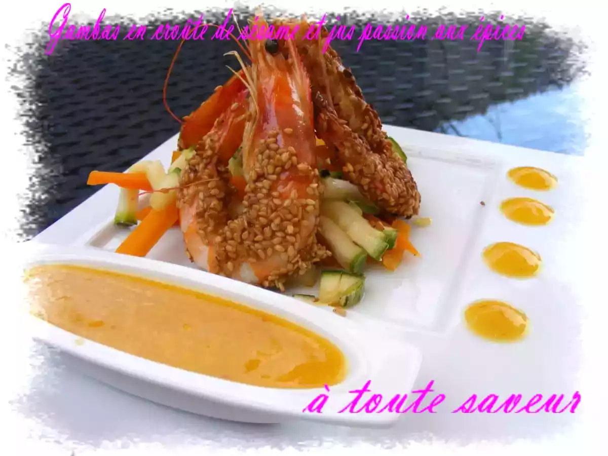 Gambas en croûte de sésame et jus passion aux épices