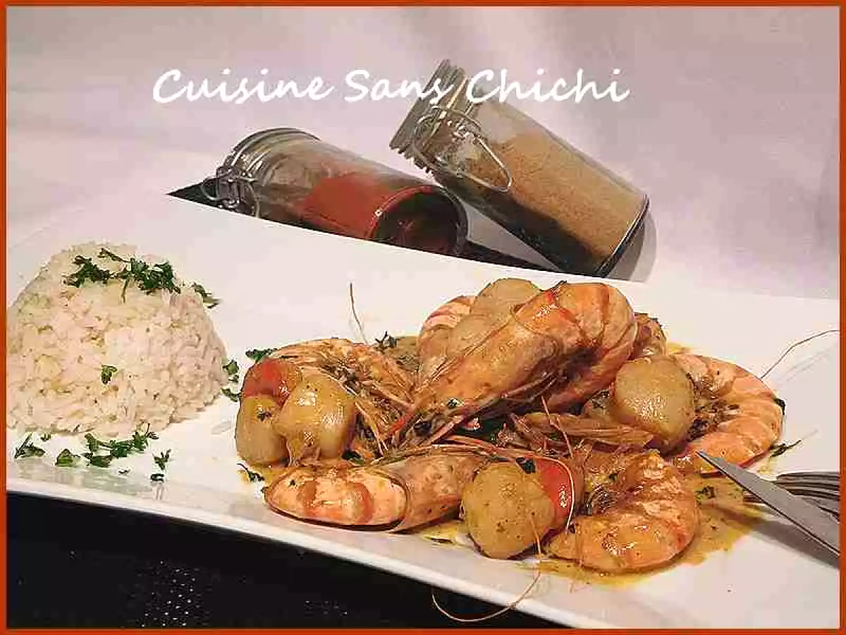 Gambas et noix de Saint-Jacques aux épices.