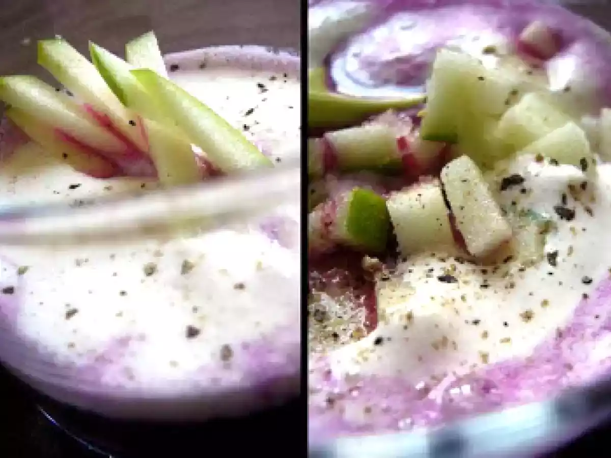 Gaspacho de chou rouge-pomme granny et crème mousseuse, comme un shot