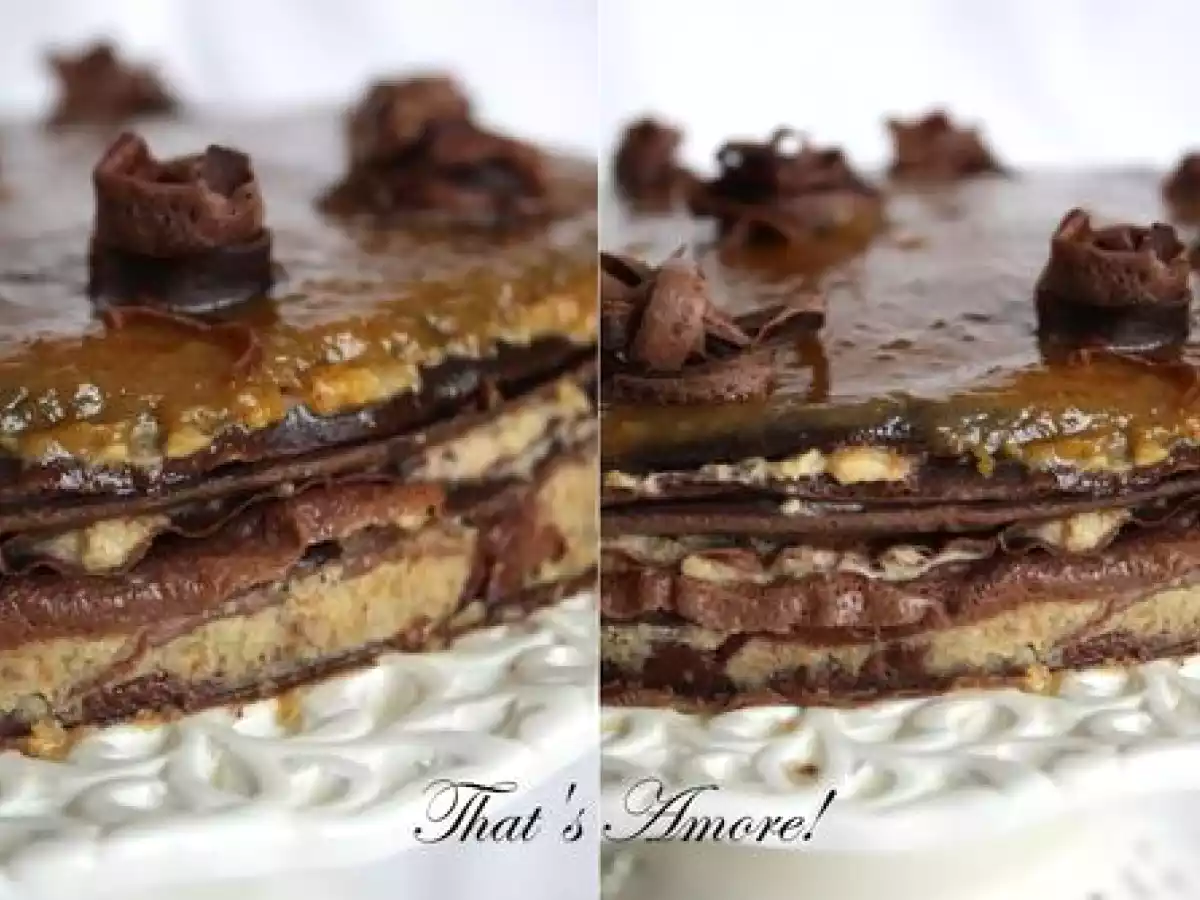 Gâteau aux crêpes chocolatées, crème de noisette, caramel poire et chocolat blanc - photo 4