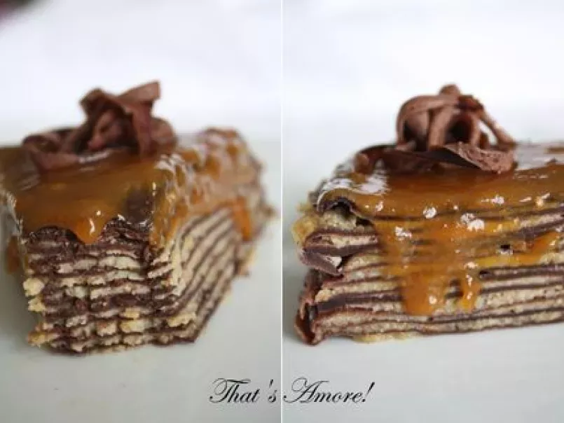 Gâteau aux crêpes chocolatées, crème de noisette, caramel poire et chocolat blanc - photo 5