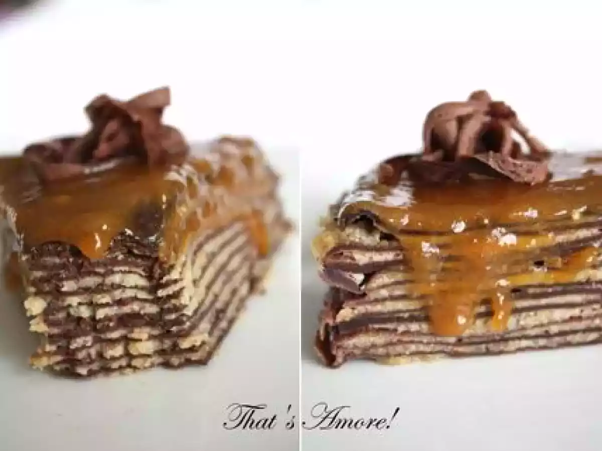 Gâteau aux crêpes chocolatées, crème de noisette, caramel poire et chocolat blanc - photo 5