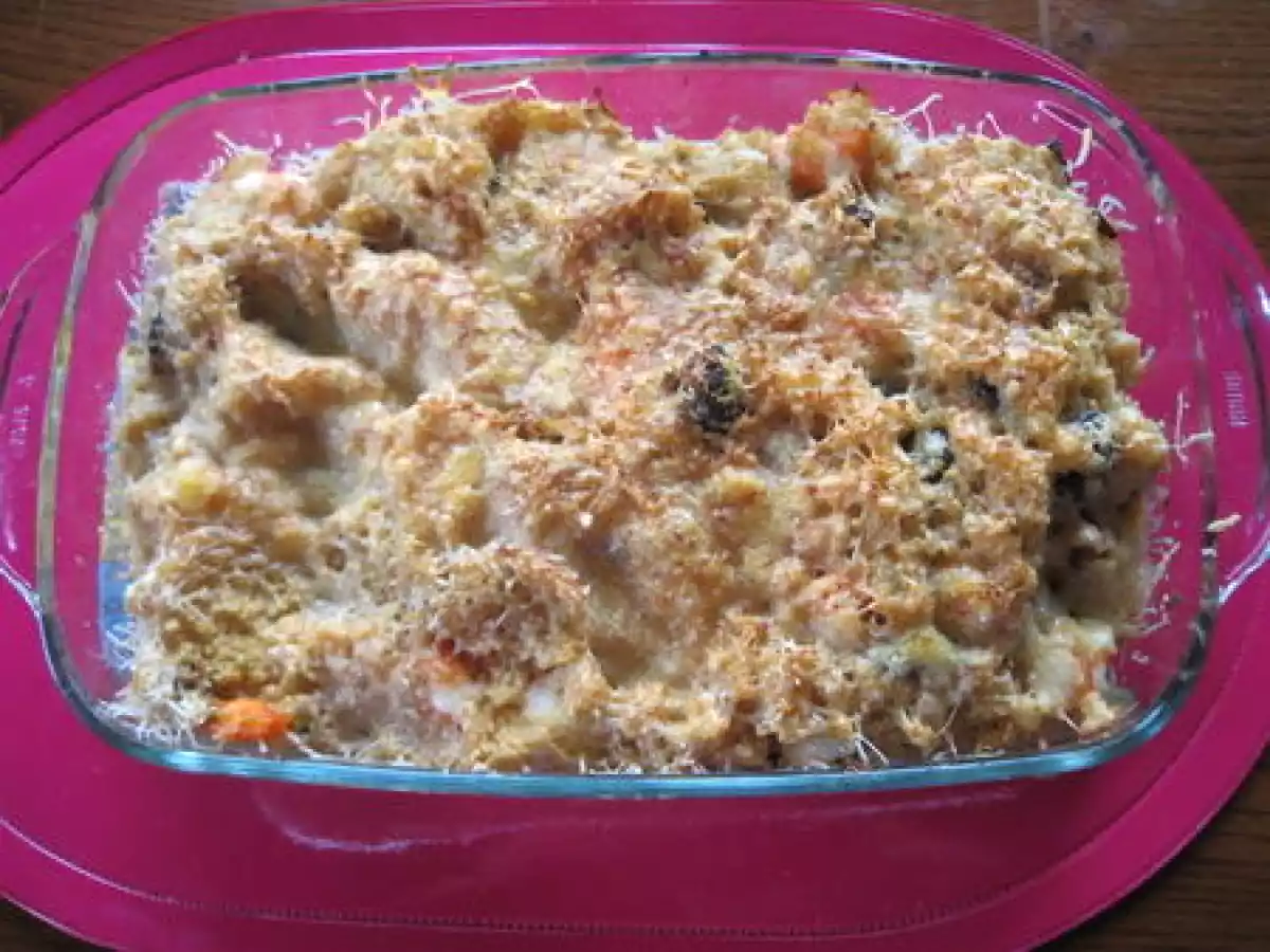 Gratin de boulghour aux crevettes, fenouil, tomates confites et olives