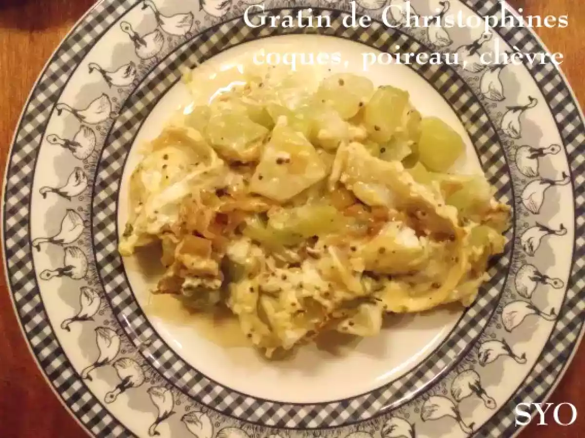 Gratin de Christophines aux coques, poireau et chèvre