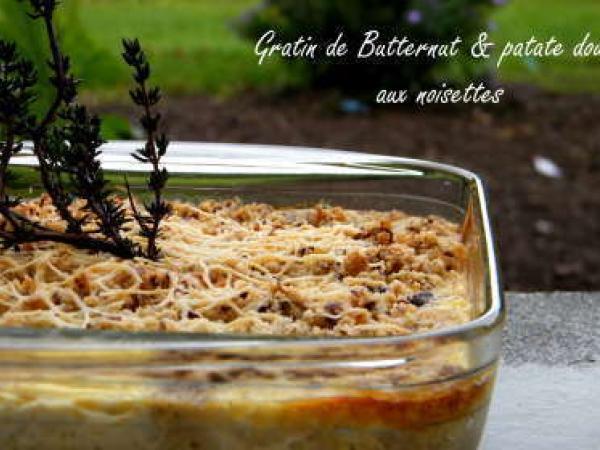 Gratin de courge butternut et patate douce aux noisettes