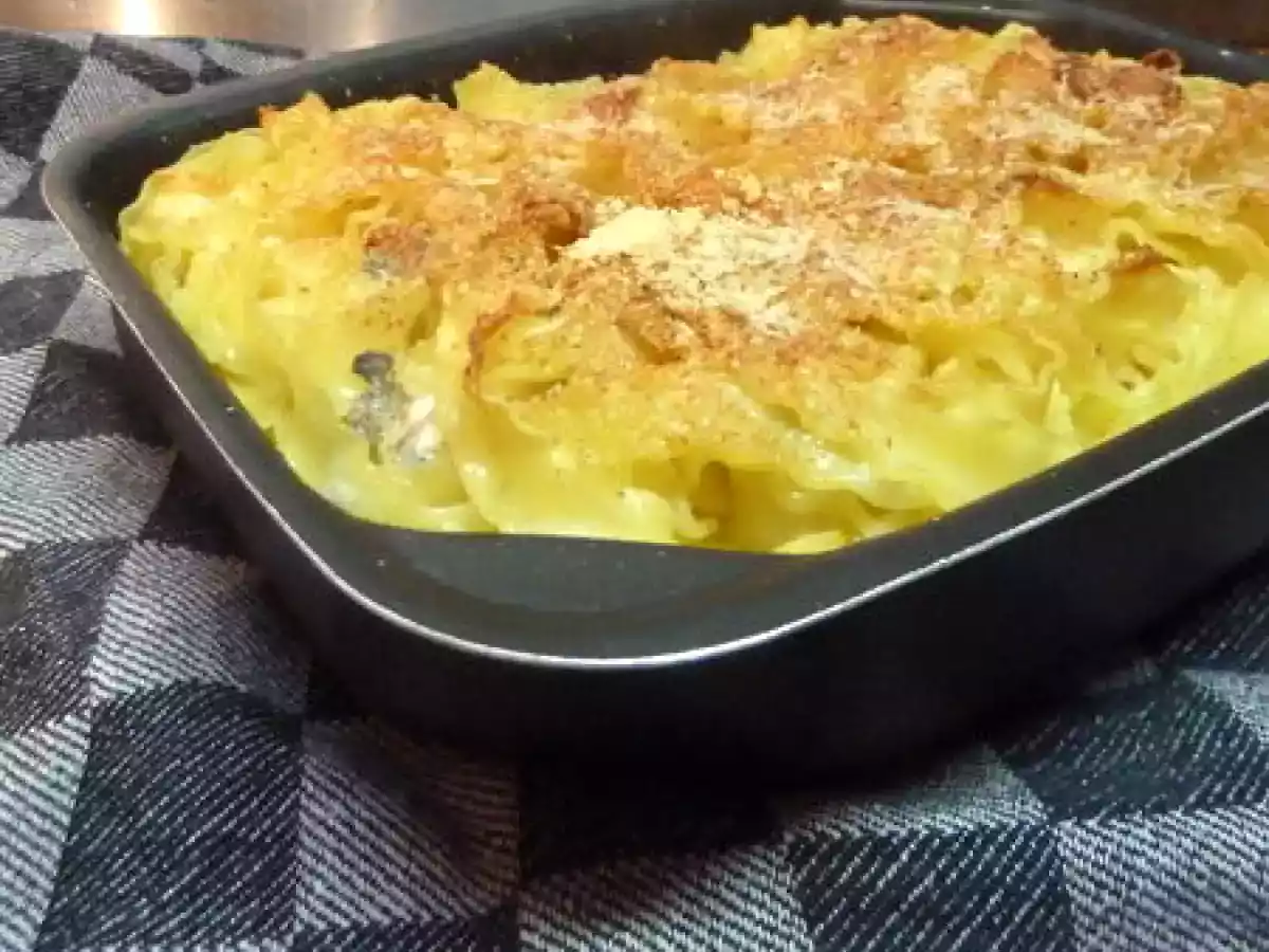 Gratin de mafaldine au gorgonzola et à la mortadelle
