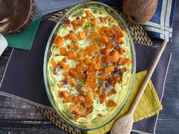 Recette gratin patates douces, coco et curry