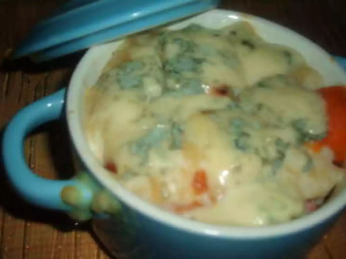 Gratin de pâtes, potiron, jambon, et bleu d'auvergne