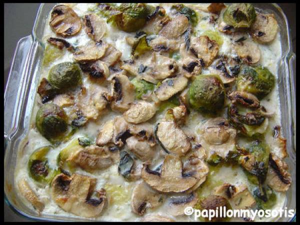 GRATIN DE POISSON AUX CHOUX DE BRUXELLES ET CHAMPIGNONS DE PARIS