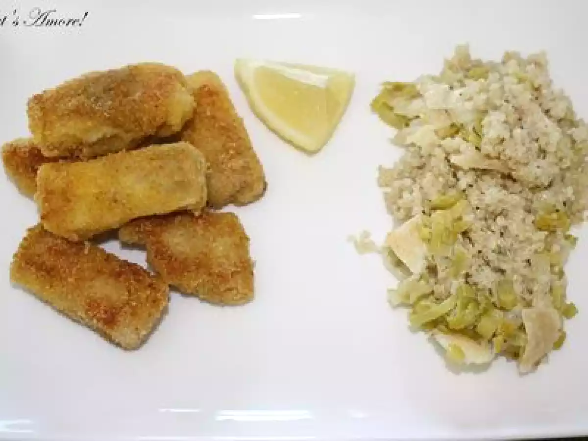 Gratin de quinoa aux poireaux et poisson pané