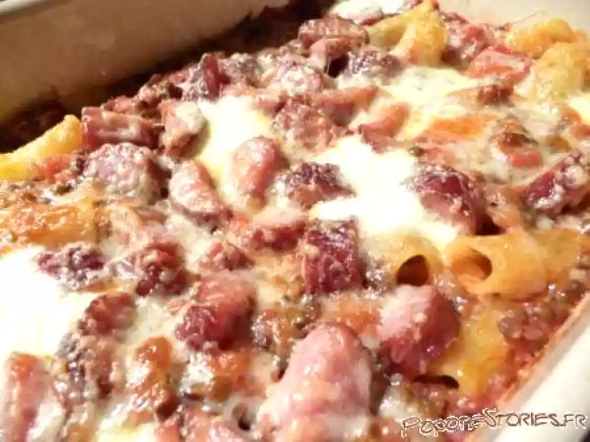 GRATIN DE RIGATONI A LA SAUCISSE DE MONTBELIARD ET AUX LENTILLES