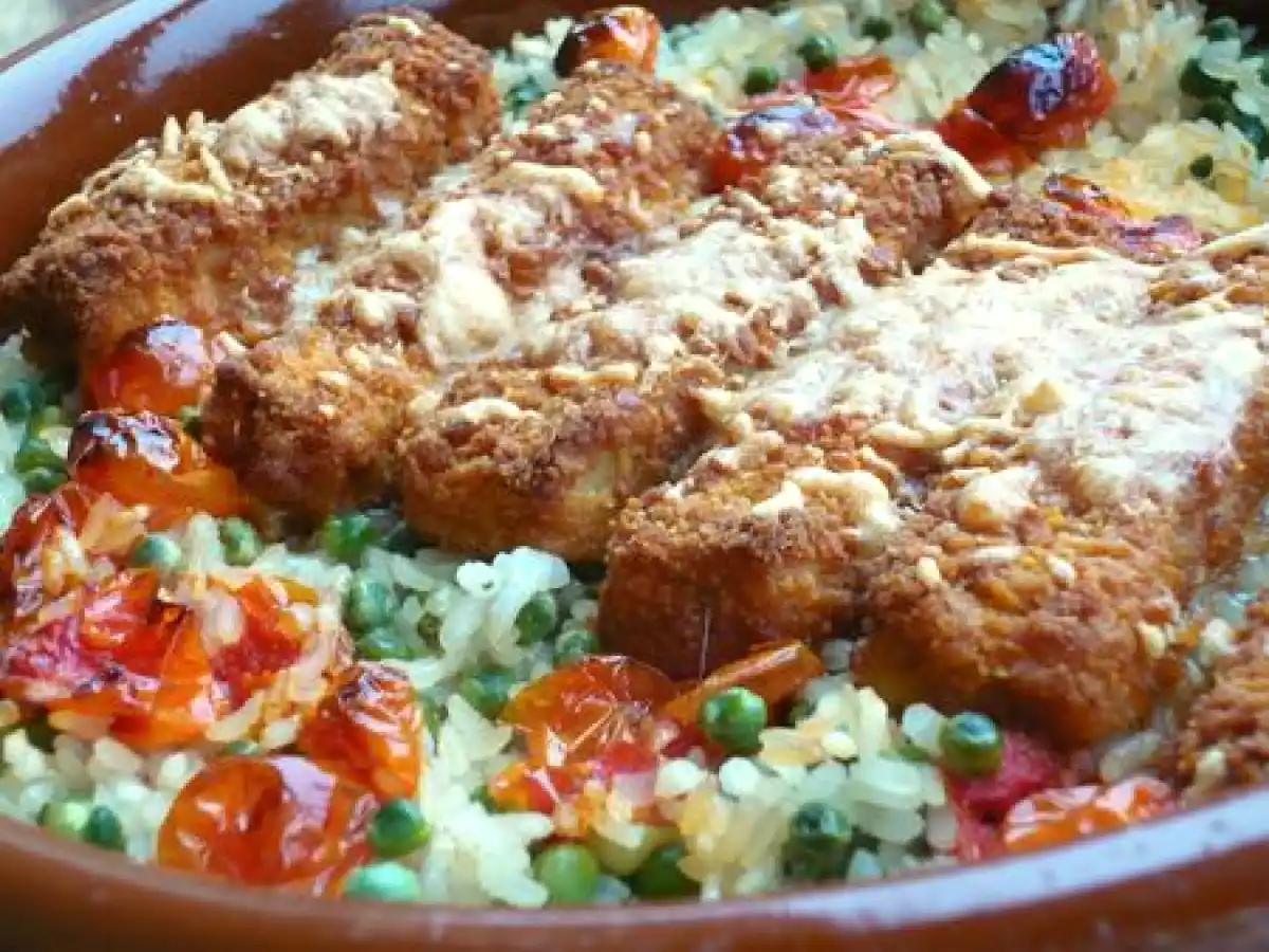 Gratin de riz au poisson pané