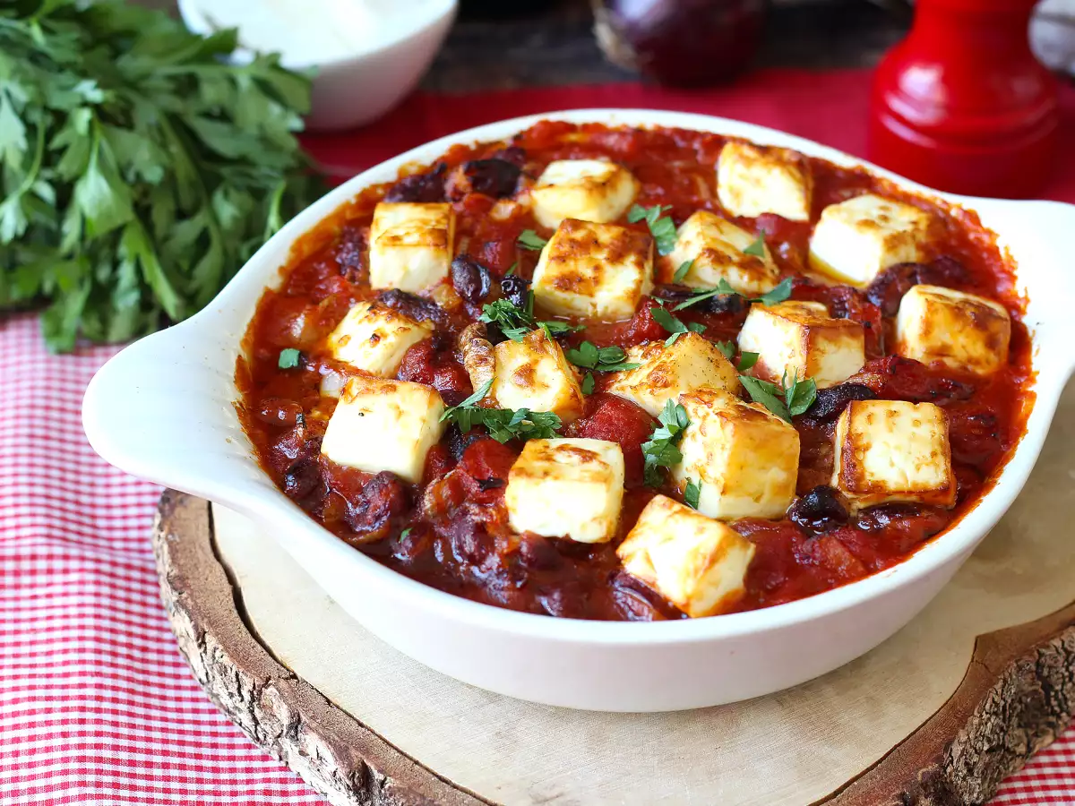 Haricots rouges mijotés à la tomate et feta rôtie