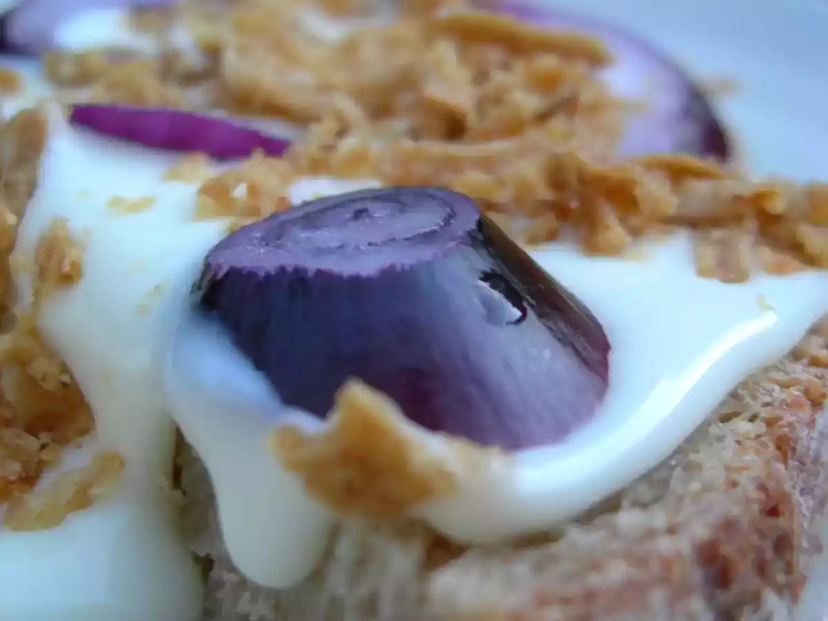 La tartine cancoillotte à l'ail, oignons rouges et oignons frits