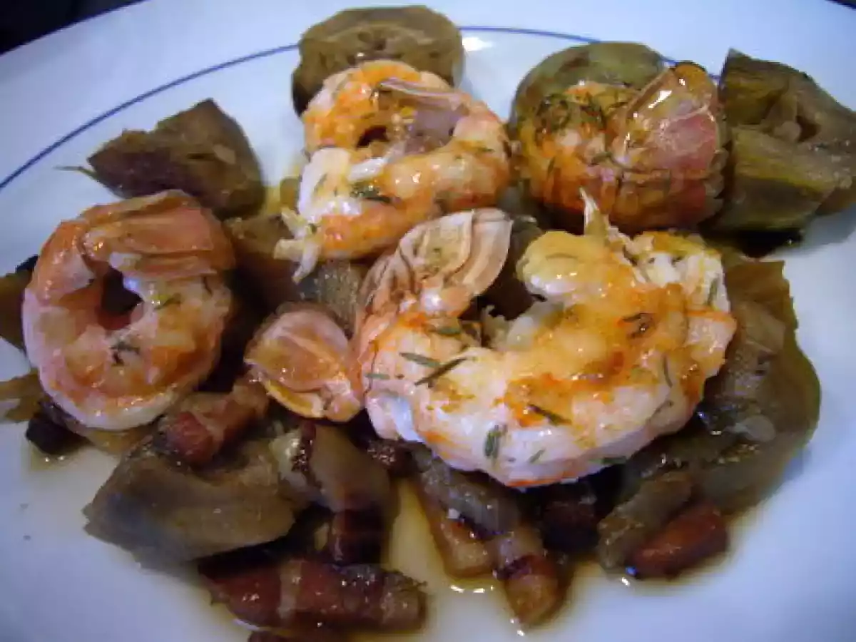 Langoustines rôties aux artichauts poivrade