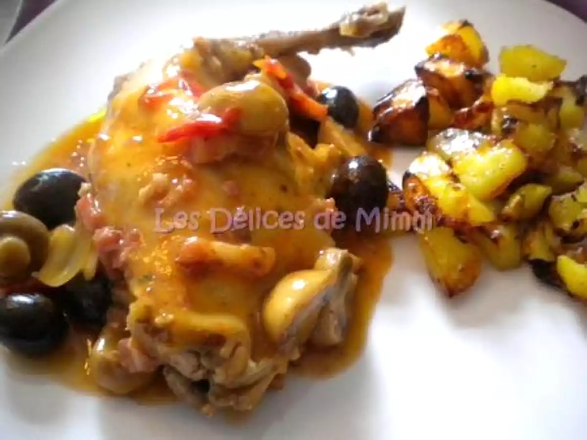 Lapin confit aux tomates semi-séchées, lardons, olives et champignons