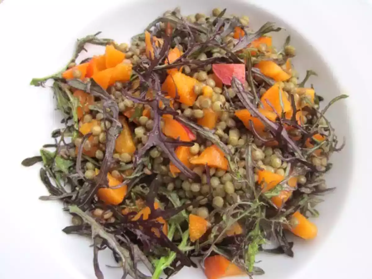 Lentilles vertes, abricots et feuilles de moutarde