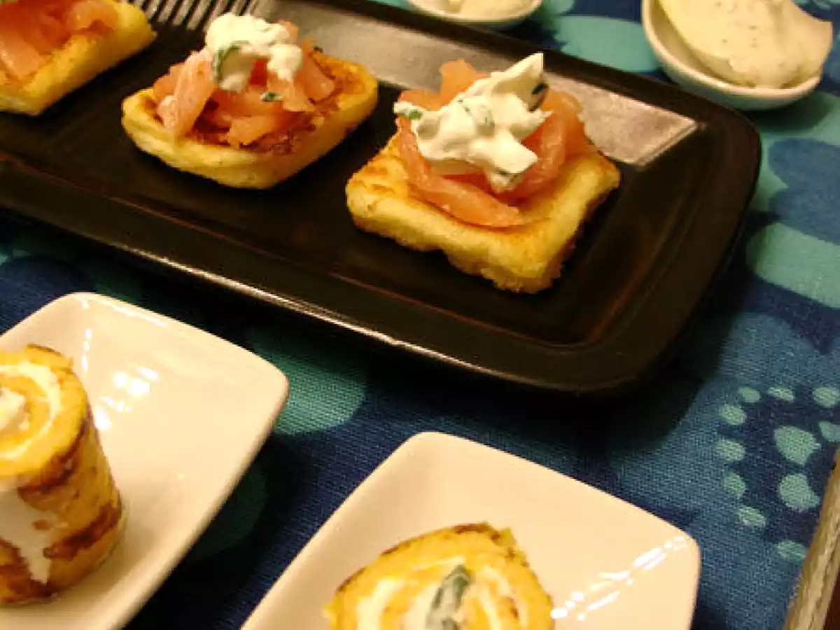 Les triplettes du réveillon. Pain perdu au saumon, Roulés de chèvre ciboulette