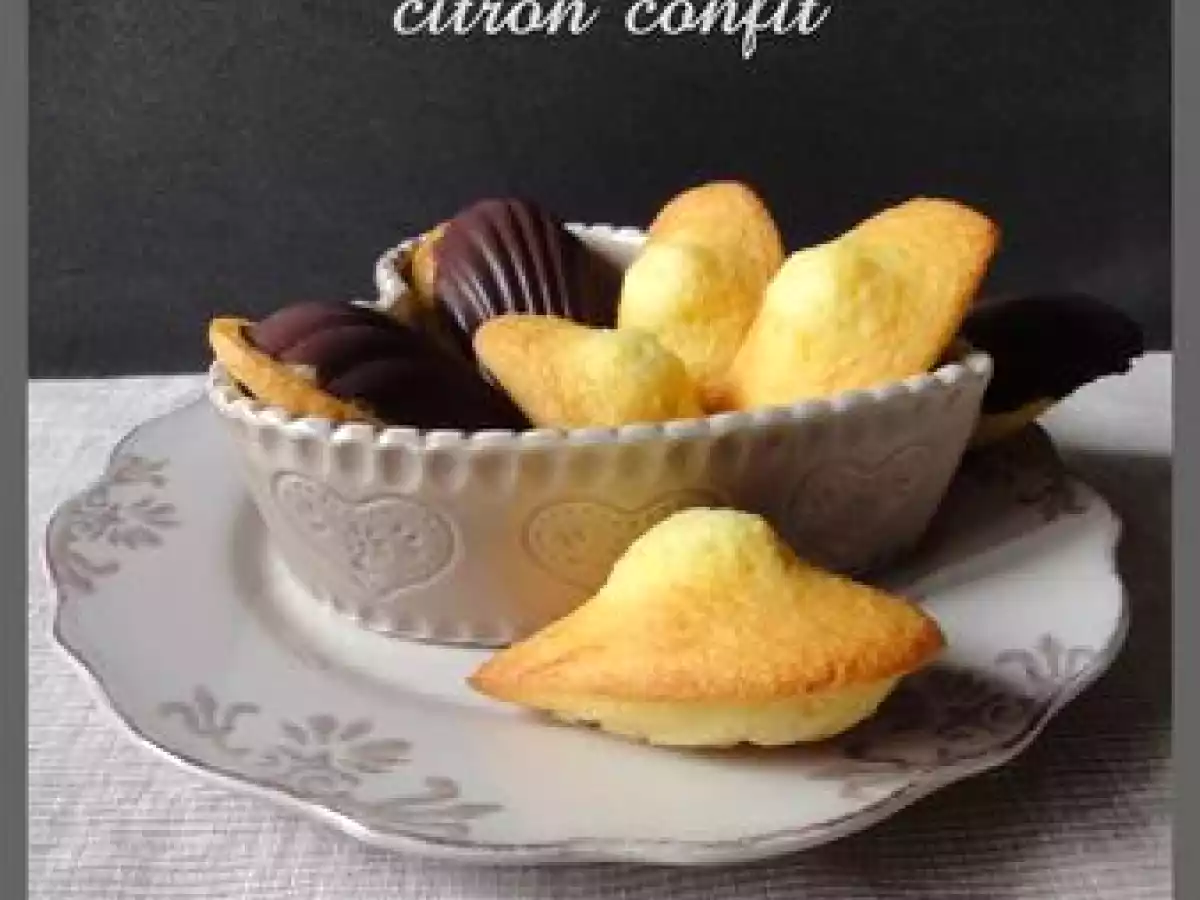 Madeleine au citron confit, en coque de chocolat noir à l'orange