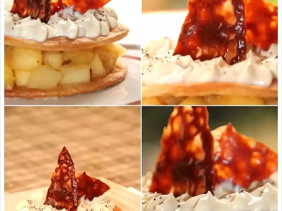 Mille feuille aux pommes caramélisés, ricotta au gingembre, tuile carambar