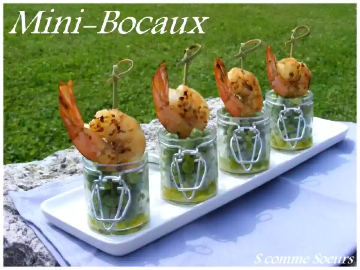 Mini-bocaux : Petits pois en vinaigrette et gambas rôties au sésame