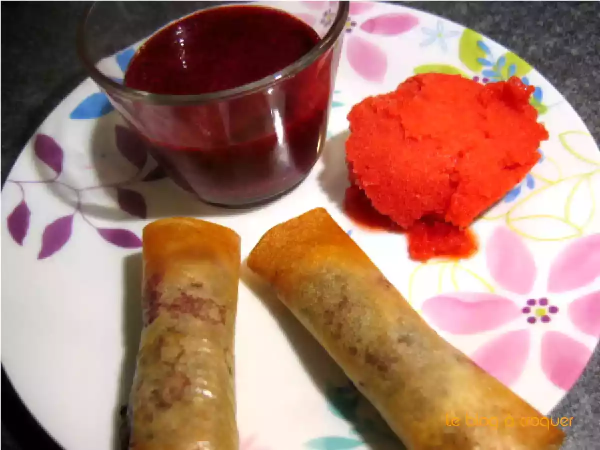 Nems chocolat framboises au coulis de fruits rouges