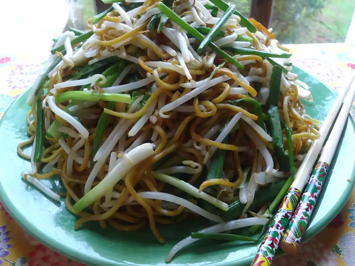 Nouilles sautées aux haricots mungo et à la ciboule