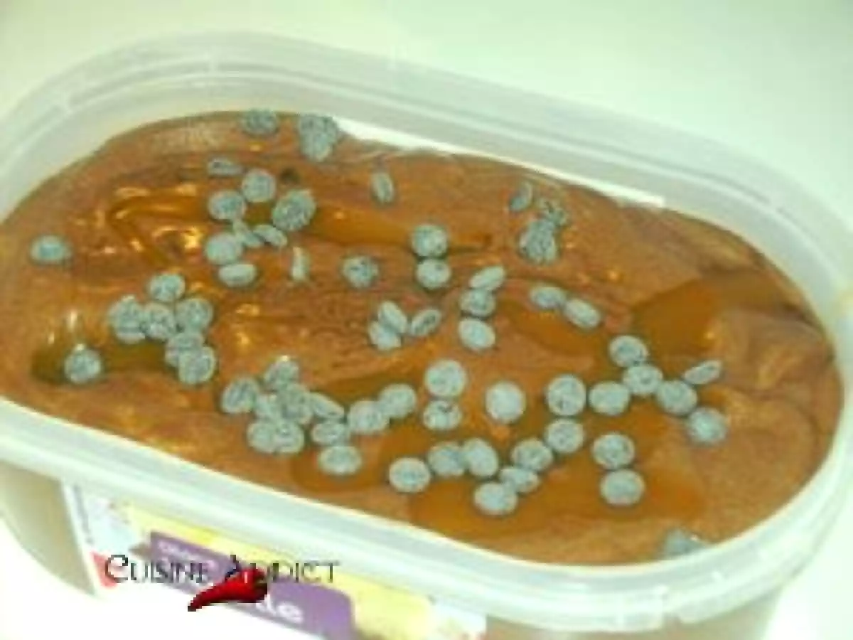 Onctueuse Glace chocolat, sauce caramel, pépites de chocolat (sans sorbetière)