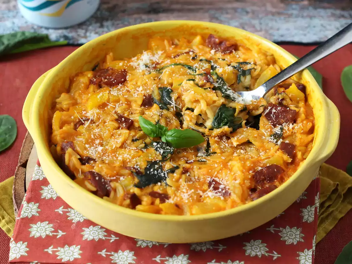 One pot orzo poivrons, chorizo et épinards