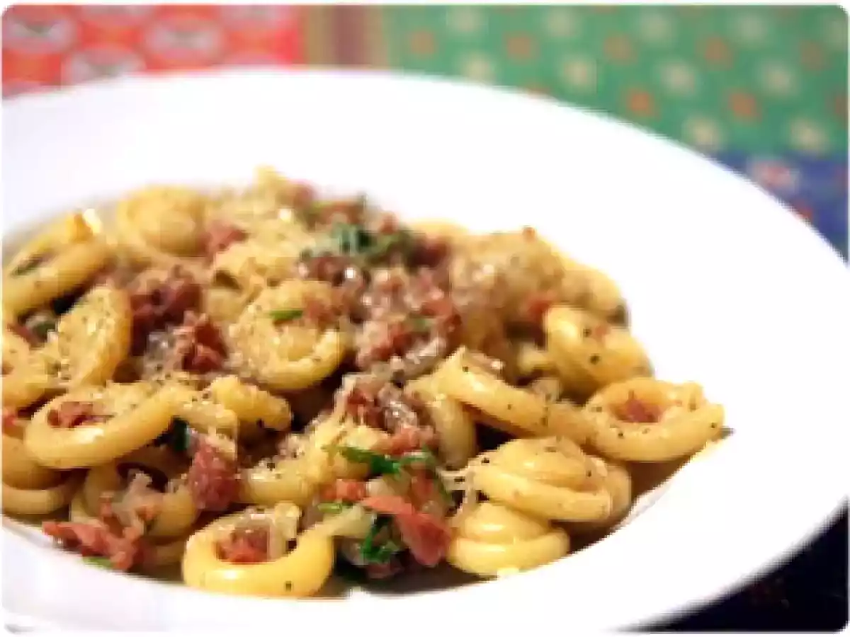 Orecchiette aux saucisses calabraises, oignons rouges, fromage et persil
