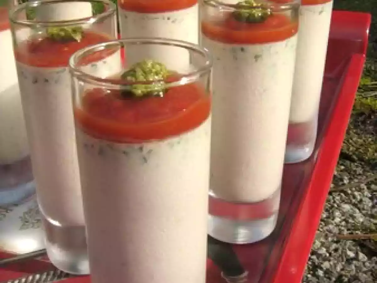 Panacotta olives et basilic, gelée de tomates