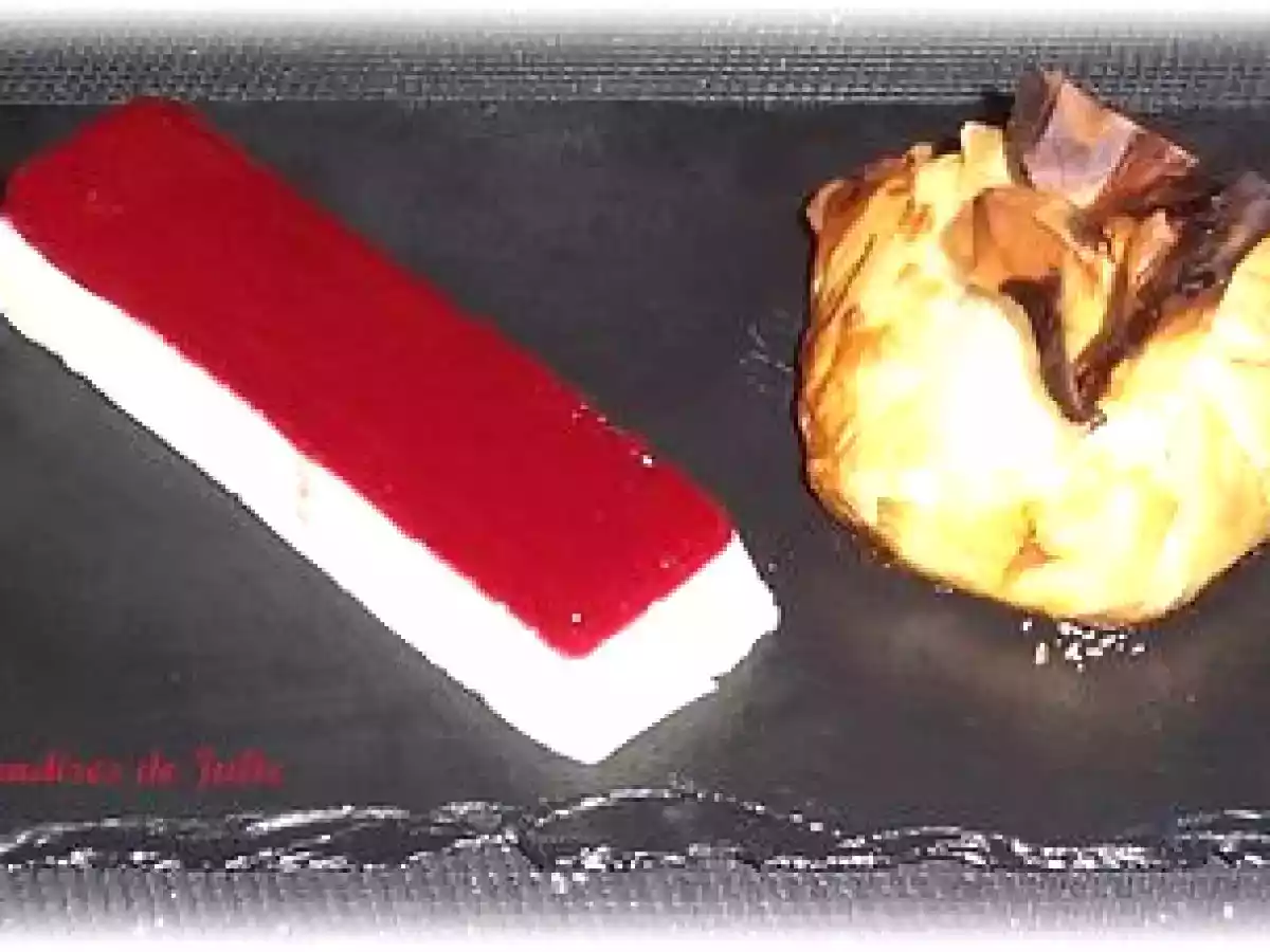 Panna cotta au chocolat blanc et gélifié de framboises, aumônière croustillante