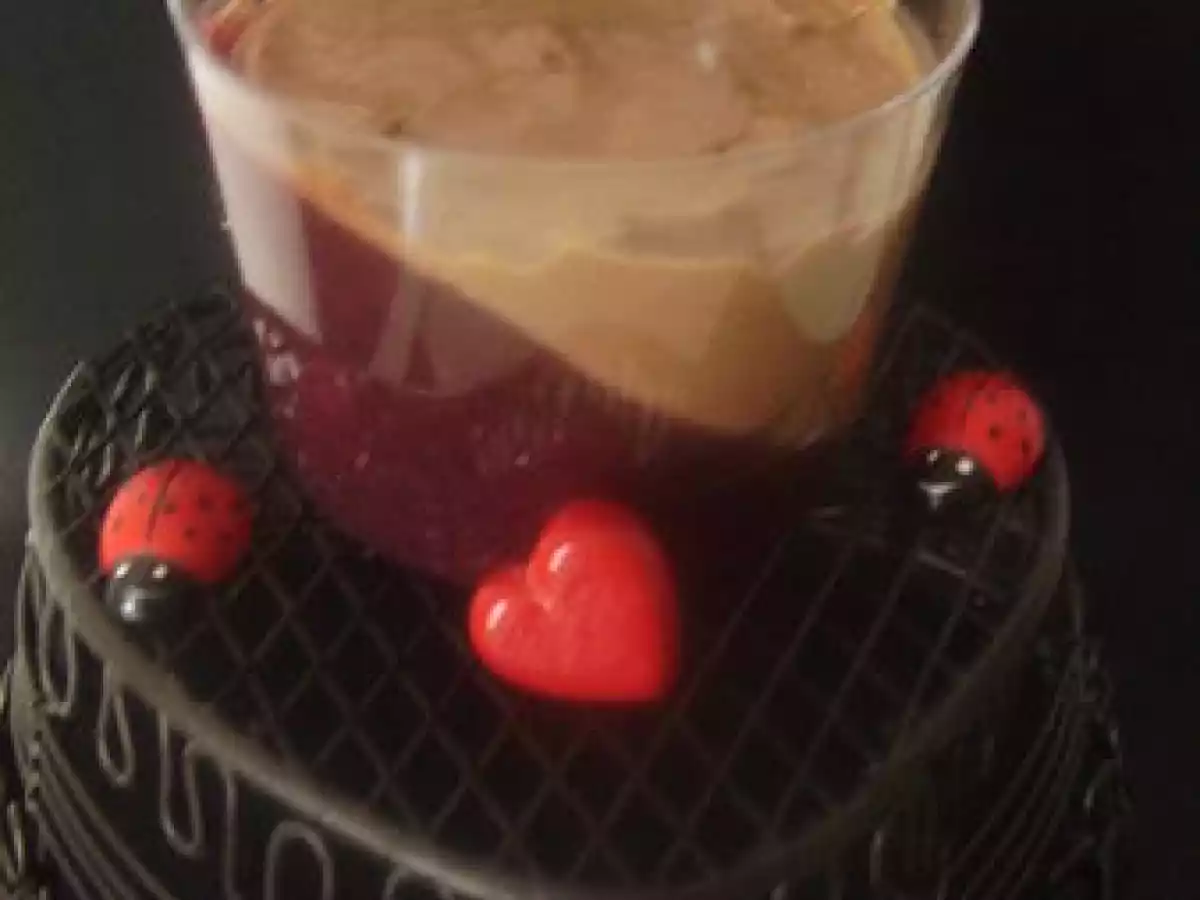 Panna cotta au chocolat sur son coulis de framboises.