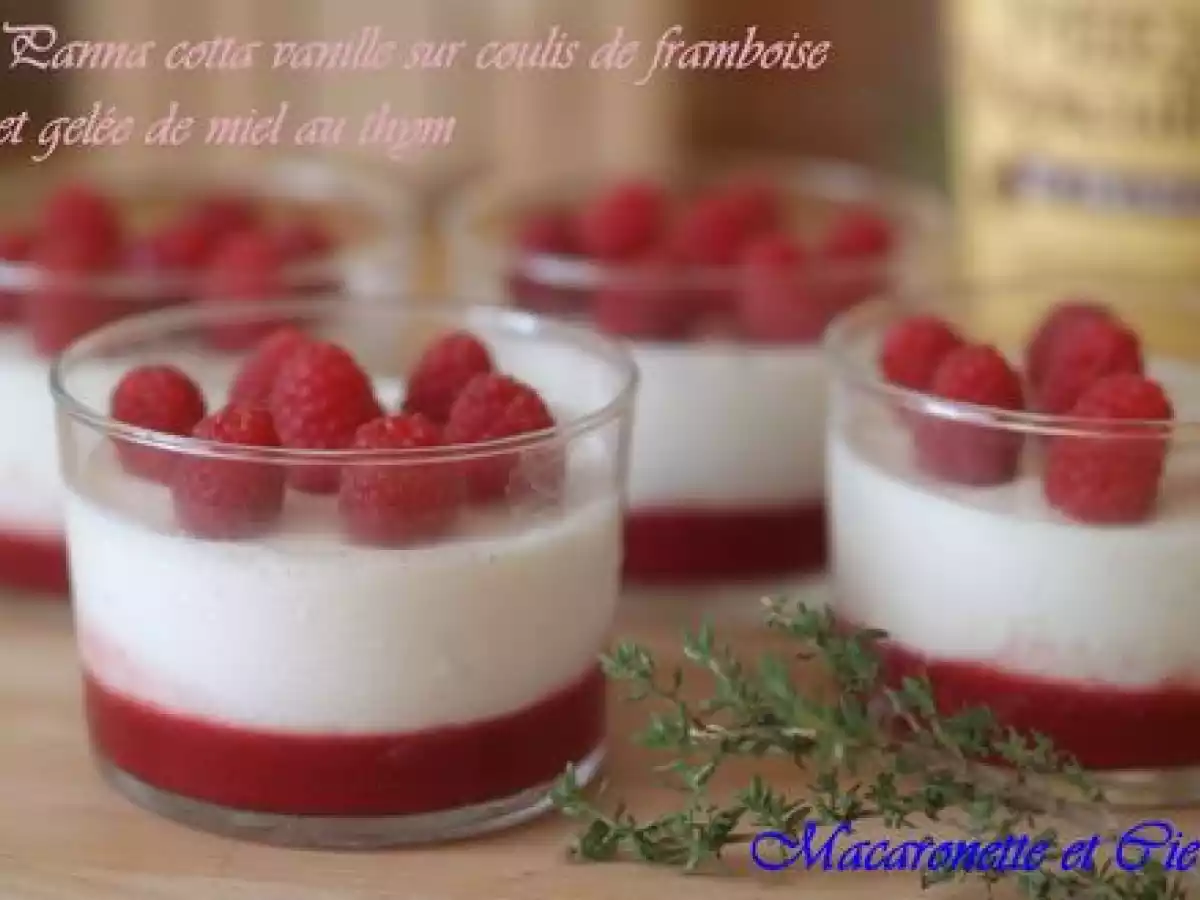 Panna cotta vanille sur coulis de framboise et gelée de miel au thym
