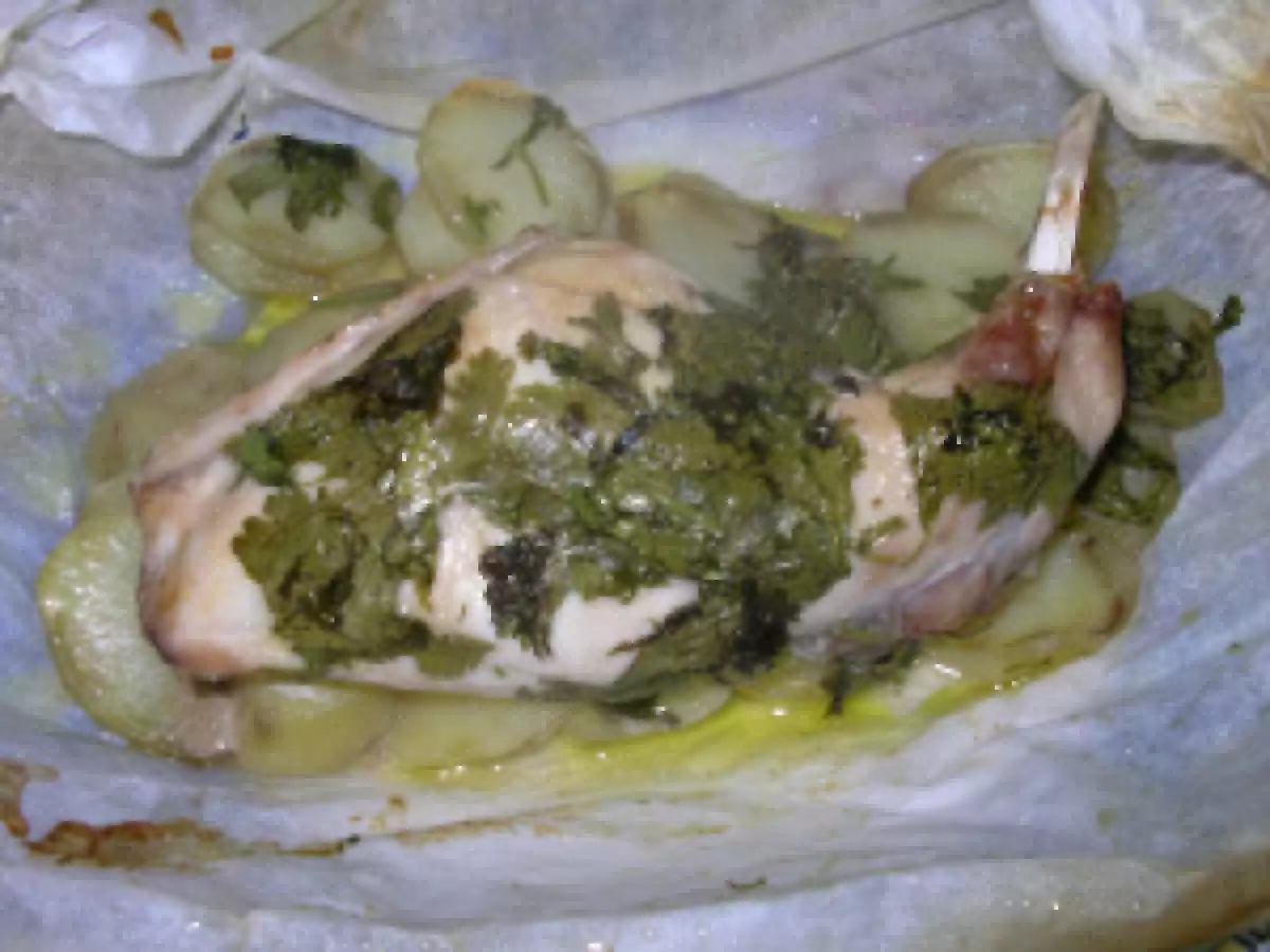 Papillote de lapin à la coriandre et pommes de terre fondantes