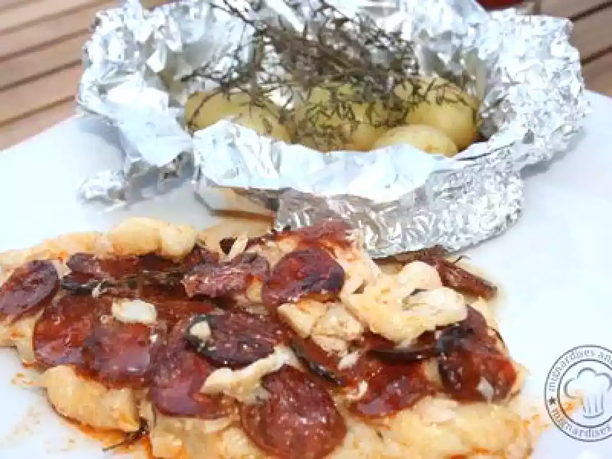 PAPILLOTTE DE CABILLAUD EN ECAILLE DE CHORIZO POMME DE TERRE NOUVELLES A L'AIL ET AU THYM