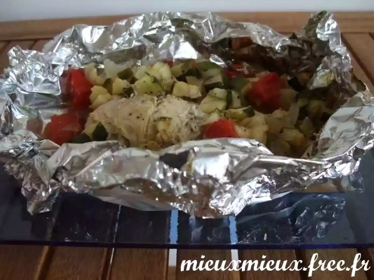 Papillottes de poulet moutardé aux petits légumes
