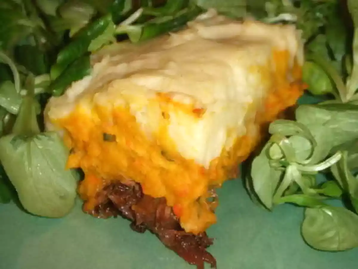 Parmentier de confit de canard aux deux purées