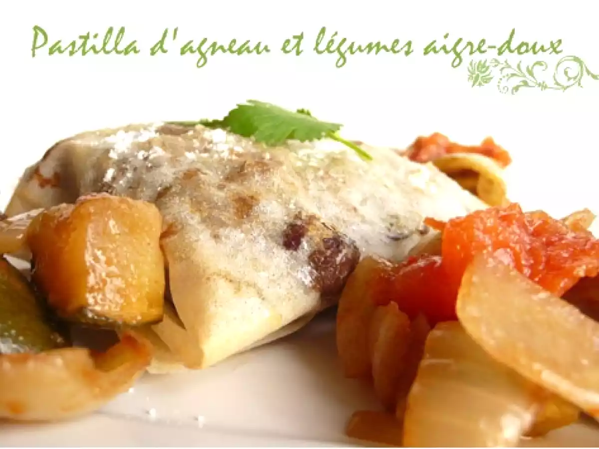 Pastilla d'agneau et légumes confits au miel et balsamique