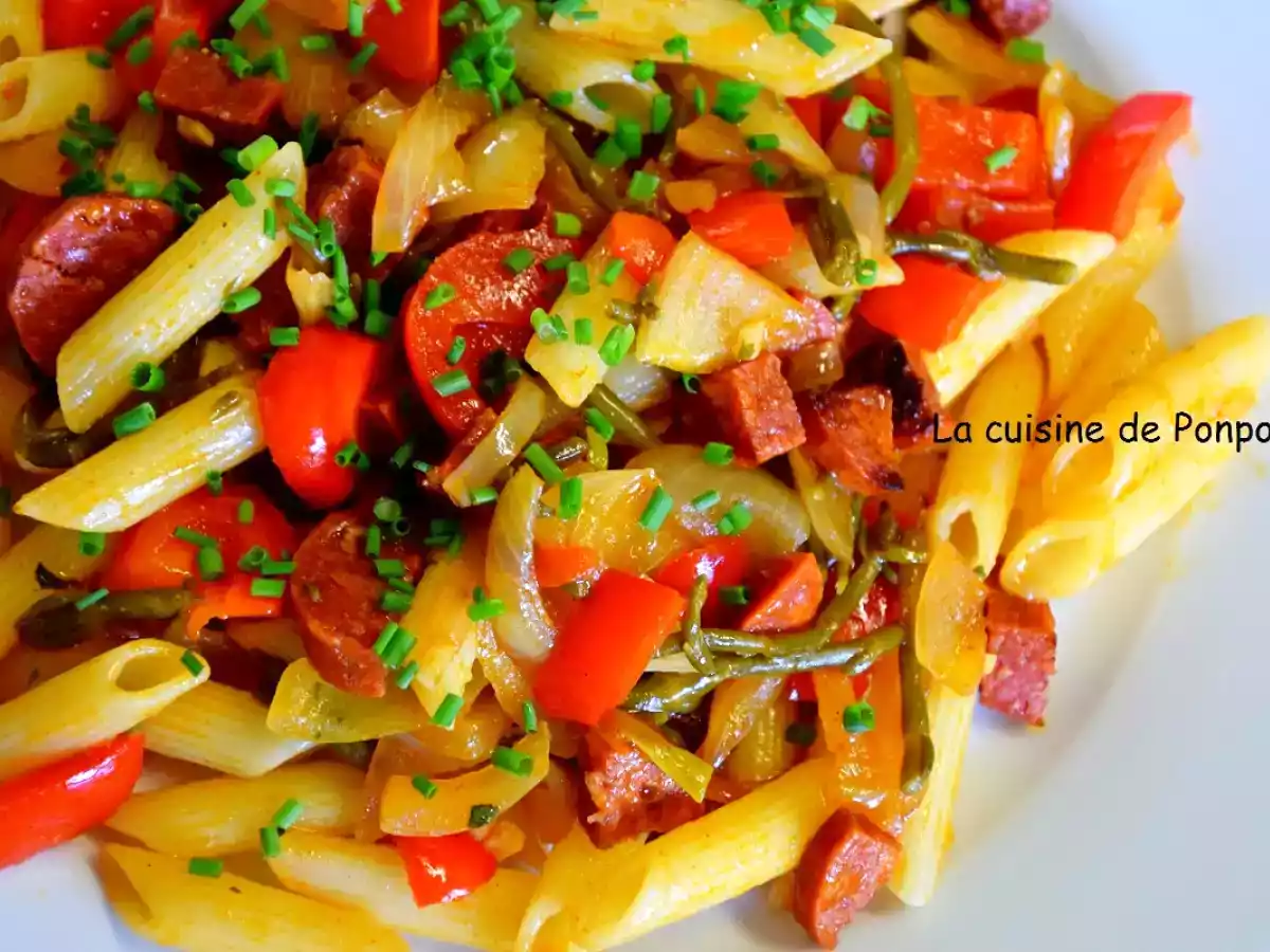 Pâtes au chorizo, poivron et salicorne