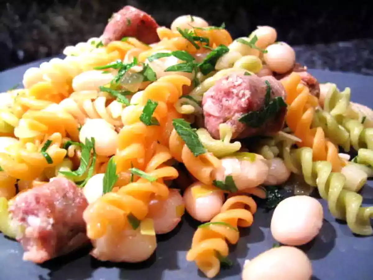 Pâtes aux cocos de Paimpol frais et à la saucisse