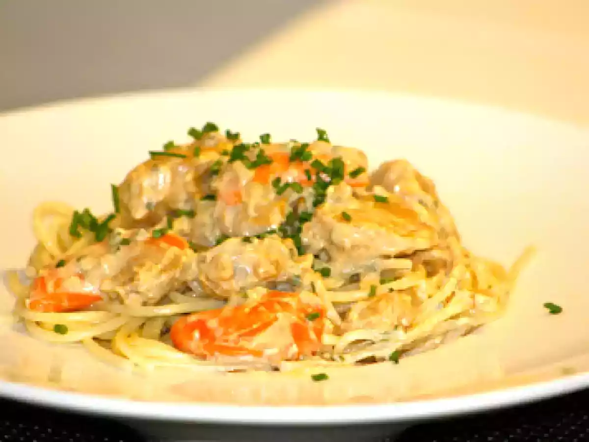 Pâtes aux Saint-Jacques ail et ciboulette