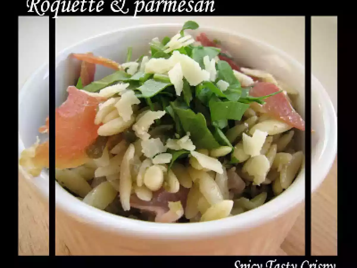 Pâtes grecques aux artichauts, jambon de Bayonne & roquette